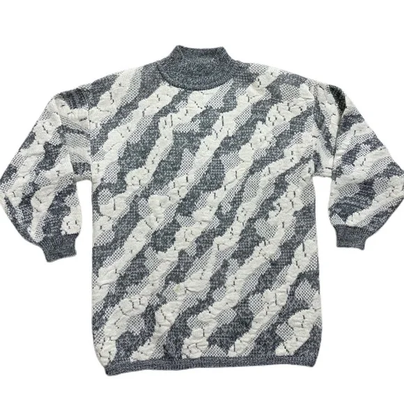 VTG 80s Alpine Grey White 3D Knit Jacquard Mock Neck Sweater L - Picture 1 of 5